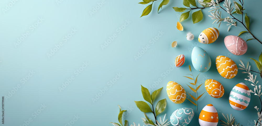 colorful small easter eggs with flowers and branches on a light blue ...