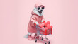 cute funny dog holding a Shopping cart with heart inside. Valentine's day concept background