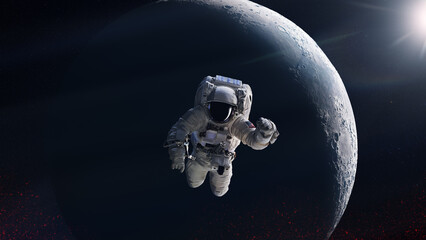 Wall Mural - astronaut is flying in outer space on big moon background. elements of this image furnished by nasa.