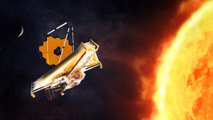 The James Webb telescope explores outer space on Sun background. Elements of this image furnished by NASA.