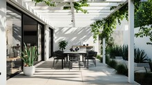 A Sleek Minimalist Patio Featuring A White Pergola, A Stylish Black Dining Set, And Potted Plants, Combining Simplicity With Modern Outdoor Elegance.