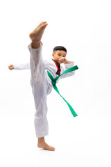 practice kick. kids karate martial arts. taekwondo uniform with green belt. portrait thai asian scho