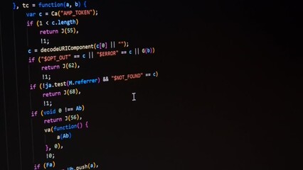 Code. Colorful jsx javascript computer programming code scroll close up pixel detail shot 4K super macro on screen.