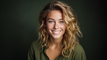 Wall Mural - A young blonde woman in a smiley pose against a green backdrop.