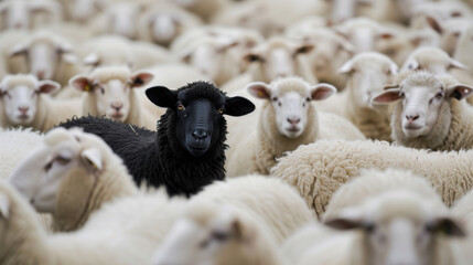 a lot oh white sheep and in the middle of this sheep herd is one different black sheep.concept - not like everyone else, special, different