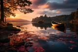 Fototapeta Zachód słońca - Photo of a peaceful lakeside scene with reflections. Generative AI