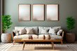 © Sunshine - Mockups of posters or framed paintings on the wall above a white sofa in a modern living room