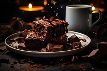 Sticker - A delicious chocolate brownie plated for food photography