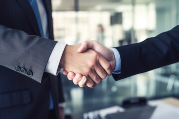 Poster - Business people shaking hands finishing up a meeting. Handshake concept, Business people shaking hands against a cityscape, AI Generated