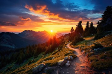 Poster - Sunset in the mountains. Sunrise in the Carpathian Mountains, Beautiful sunset in the mountains at the top of a hike, and in the valley, AI Generated