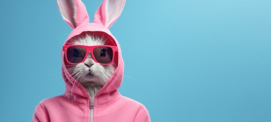 Wall Mural - Funny easter concept holiday animal celebration greeting card - Cool cute easter bunny, rabbit with sunglasses and jogging suit with rabbit ears, isolated on blue background