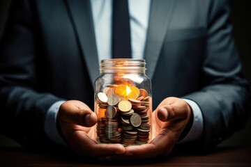 Canvas Print - Businessman holding a glass jar full of coins. Saving money concept, Businessman saving money in a glass jar, top section cropped, with no hand deformation, AI Generated