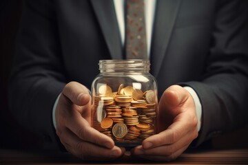 Canvas Print - Businessman putting coins in a glass jar with plant growing out of it, Businessman saving money in a glass jar, top section cropped, with no hand deformation, AI Generated