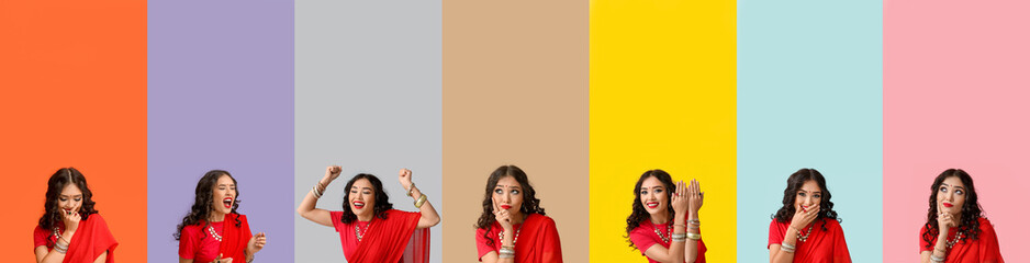 Canvas Print - Set of pretty Indian woman in different mood on color background