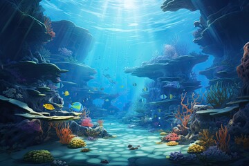 Wall Mural - Underwater scene with coral reef and fish. 3d render illustration, AI Generated