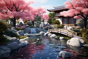 Poster - Japanese garden with cherry blossoms and pond in spring, 3d render, AI Generated