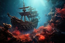 Underwater View Of A Sunken Pirate Ship On The Coral Reef, AI Generated