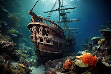 Canvas Print - Sunken pirate ship on the coral reef in the Red Sea, AI Generated