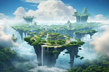 Wall Mural - Fantasy alien planet with waterfalls. 3d render illustration, AI Generated