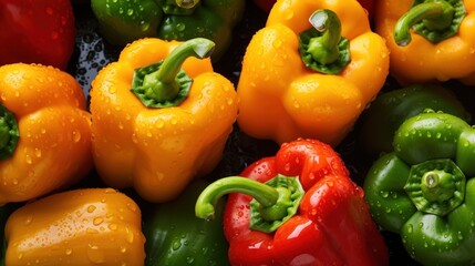  a pile of different colored peppers with drops of water on the top of them and on the bottom of the peppers.