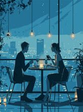 Young Couple Drinking Wine At A Romantic Table. Valentine's Day Concept, Vector Illustration