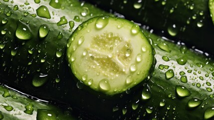 Wall Mural - a cucumber with water droplets on it and a slice of cucumber with water droplets on it.