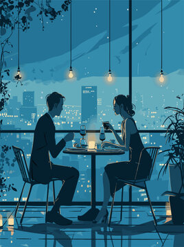 Young couple drinking wine at a romantic table. Valentine's Day concept, vector illustration