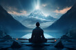 Meditation by Mountain Lake under Starry Sky, tranquil scene of a person in meditation by a serene mountain lake, under a night sky pierced by a beam of light