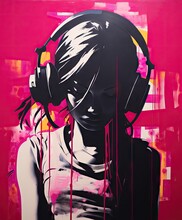 Girl In Headphones Listening Music. Fantasy Graffiti Illustration. Watercolor Painting, In The Style Of Stencil And Spray Paint,