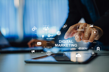Wall Mural - digital marketing business analytics technology concept. website adertisement social media network, 