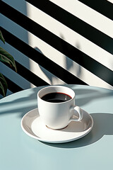 Wall Mural - Cup of black coffee or tea on the table with shadows from sunlight on the striped wall