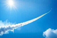 White Steam Trail From Plane Or Rocket On Blue Clear Sky. Realistic Vector Illustration Of Curve Smoke Tail. Airplane Speed Flight Condensation Contrail. Panoramic Skyscape With Swirl Motion Gas Track