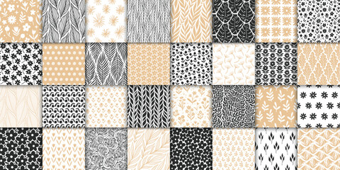 Wall Mural - 32 floral seamless pattern collection. minimalistic neutral hand drawn doodle seamless pattern with 