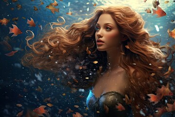 Beautiful girl with long hair and flying leaves in the water, AI Generated