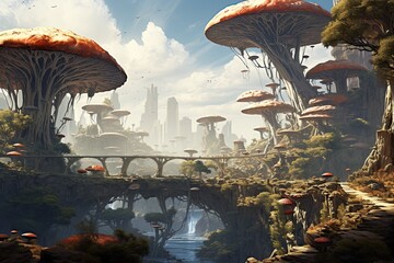 Poster - Fantasy landscape with mushrooms. 3D illustration. Fantasy world, AI Generated