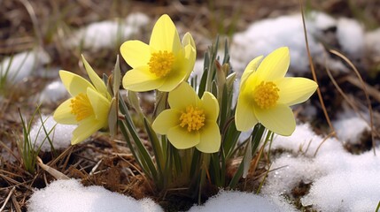 Sticker - A group of yellow flowers in the snow. Winter or early spring flowers