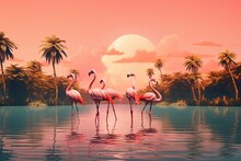 Flamingo In The Lagoon At Sunset, 3d Rendering, AI Generated