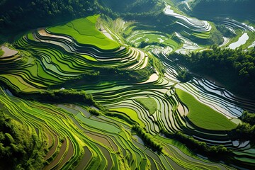 Sticker - Aerial view of green rice terraces in Mu Cang Chai, YenBai, Vietnam, AI Generated