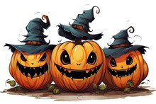 Watercolor Halloween Pumpkins Wearing Witch Hat On PNG Background