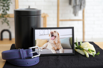 Wall Mural - Frame with picture of dog, collar, mortuary urn and flowers on table, closeup. Pet funeral