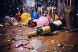 Fototapeta  - A room in disarray after a night of celebration, with colorful balloons, empty bottles and confetti on the floor. A mess left after a fun birthday party. AI-generated