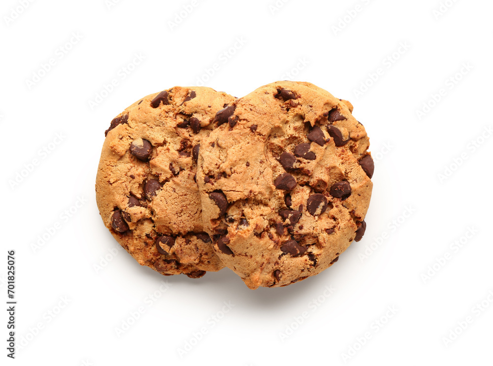 Tasty cookies with chocolate chips on white background