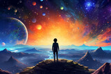 Fototapeta Kosmos -  A little boy standing on top of a mountain in front of a illustration of galaxy with stars planets and space dust in the universe