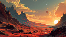 Spaceship On Martian Landscape. Illustration Of A Cartoon Spaceship Landing On Martian Red Desert Landscape