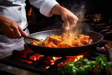 Chef cooking Chicken Tikka Massala in a dish