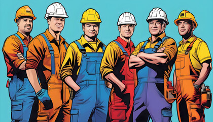 Workers in hard hats and overalls on a neutral background, screen printing, pop art,	
