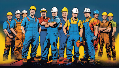 Workers in hard hats and overalls on a neutral background, screen printing, pop art,	
