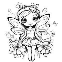 Coloring page with cute garden fairy. Outline illustration. Black and white illustration for a coloring book.