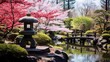 Spring Japanese garden with cherry blossoms and koi pond