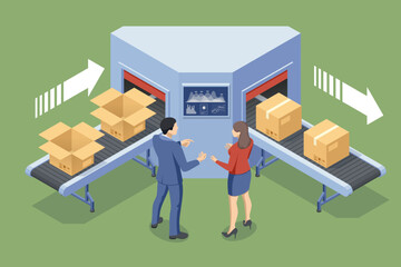 Wall Mural - Isometric Automated Packaging and Distribution System. Automated warehouse. Autonomous robot transportation in warehouses